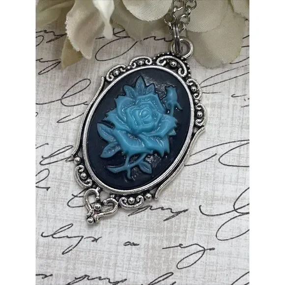 Cameo Necklace Turquoise Rose Wedding Jewelry Black Gothic Anniversary Easter - Picture 7 of 13